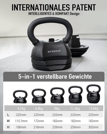 Регульована гиря BYZOOM FITNESS 13,6 кг 5-в-1, компактна для домашнього фітнесу, силових та функціональних тренувань, для чоловіків і жінок, чорна