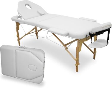 WELLCORE масажний стіл з дерева, складаний, з регульованою спинкою, 185x65 см, екошкіра, висота регулюється, знімний підголівник, отвір для обличчя, білий, навантаження до 225 кг