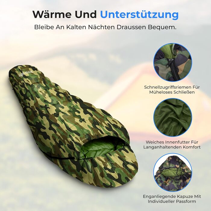 Спальний мішок SereneLife для кемпінгу - теплий, водонепроникний, для зимового відпочинку, діапазон температур -15°C до 12°C, компактний, з компресійним мішком та подушкою, камуфляж