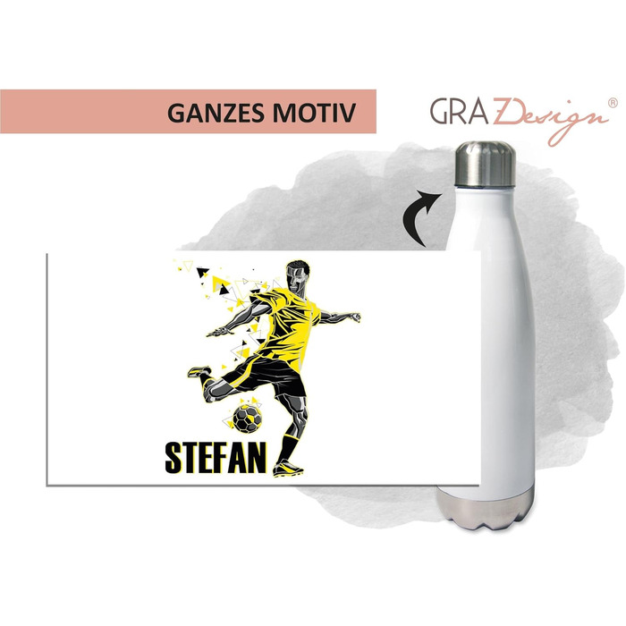 Дитяча термобутилка GRAZDesign для футболу, іменна, з нержавіючої сталі, 500 мл, герметична, жовта, для школи та спорту