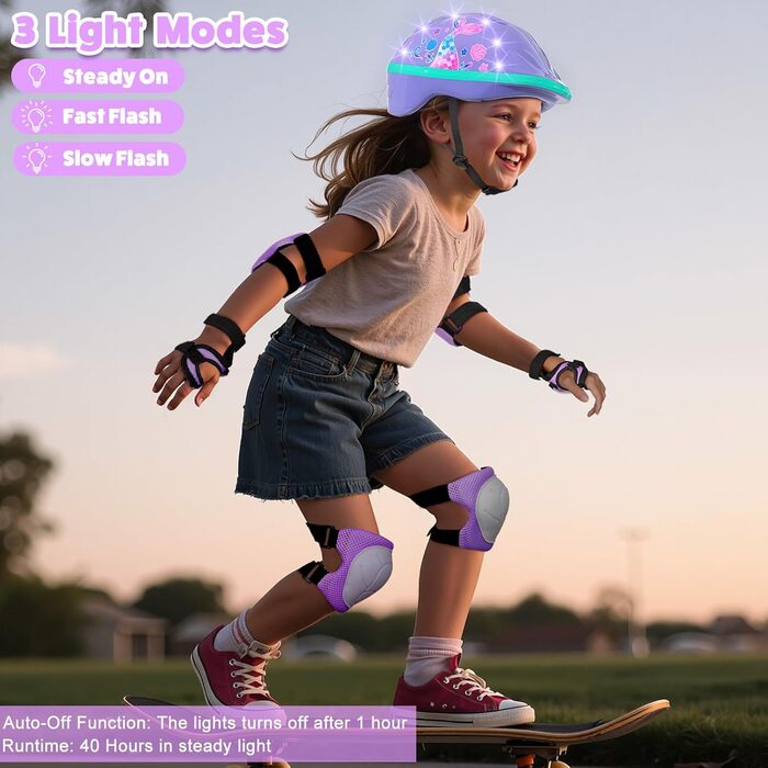 Дитячий шолом та захист для велосипеда/скейтборда, 3-8 років, дівчинка, LED-ліхтарики, регульовані наколінники та налокітники, комплект, фіолетовий, русалка