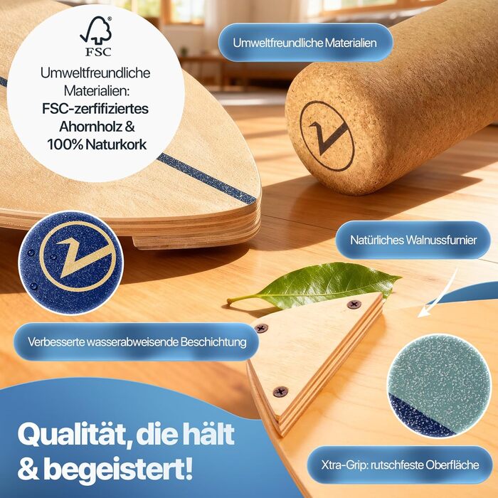 Балансборд дерев'яний у формі серфа з роликом для тренування нейром'язової відповіді + підставка, колір: бежевий або світло-коричневий