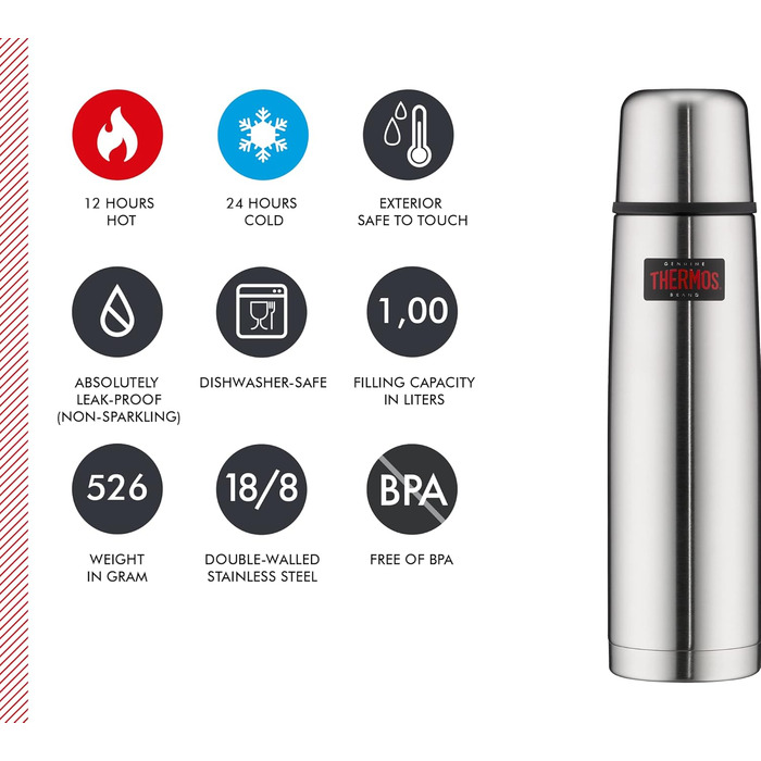 Термос Thermos Light & Compact 1 л, нержавіюча сталь, ізольована пляшка з чашкою, червоний, тримає тепло 12 годин / холод 24 години, герметичний, без BPA, підходить для миття в посудомийці