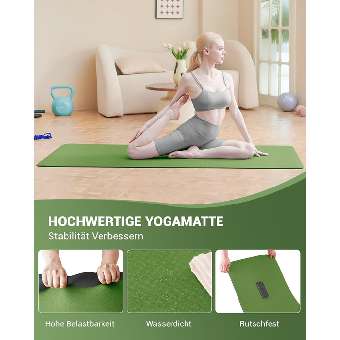 Йога мат для жінок Good Nite: неслизька поверхня, товщина 6 мм, 183x61 см, з чохлом, для йоги, пілатесу, фітнесу, зелено-чорний колір