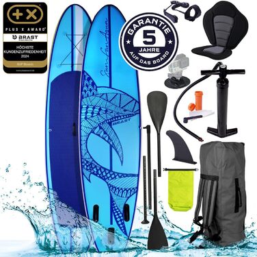Надувна SUP-дошка BRAST Shark 300-320 см, комплект для веслування стоячи, 2-в-1 весло, сидіння для каяка, кріплення для екшн-камери, ремінець на ногу, насос, рюкзак, 5 років гарантії