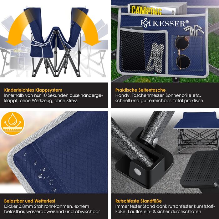 Кемпінгове ліжко KESSER® розкладне, металеве, 210 см, Navy Blue (темно-синій) з сумкою та ліхтарем