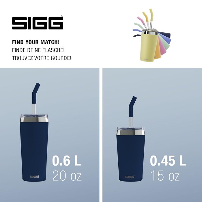 Термочашка SIGG Travel Mug Helia з багаторазовою скляною трубочкою та щіточкою для чищення, герметична, BPA-free, нержавіюча сталь 18/8, 0,6 л, Night Ink