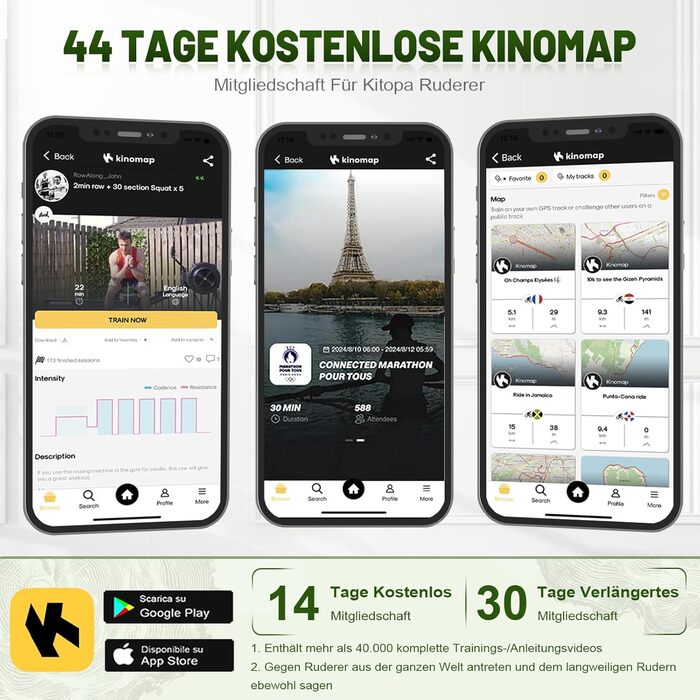 Гребний тренажер Kitopa RW719-50 з водою, для дому, з Bluetooth, Kinomap (30 днів)