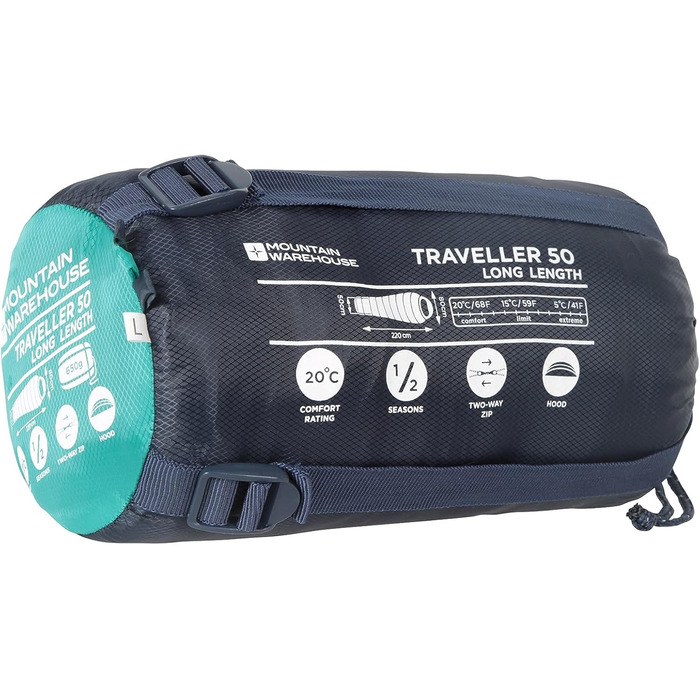 Сплячий мішок Mountain Warehouse Traveller 50 - 220 x 80 x 50 см - вітростійкий, блакитно-зелений