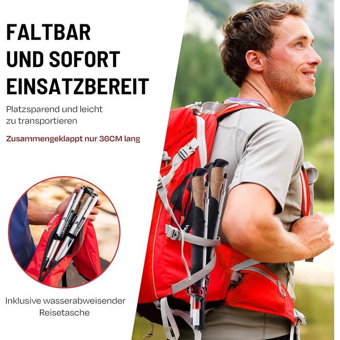 Телескопічні палиці для скандинавської ходьби та трекінгу ATACAMA, карбон та алюміній, з корковими ручками, складні, 270 г