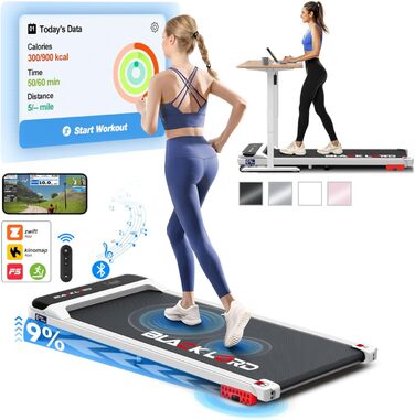 Електричний біговий тренажер BLACK LORD з нахилом 9%, 3.2 PS, 4-в-1 для дому та офісу, 12 програм, динамік, 140 кг, білий