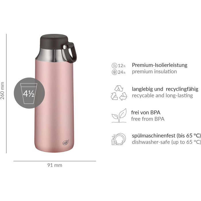 Термос для чаю alfi CITY TEA BOTTLE 900 мл, нержавіюча сталь, рожевий, з ручкою, герметичний, для напоїв, тримає тепло 12 годин, підходить для посудомийки