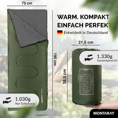 Спальний мішок для кемпінгу з капюшоном до -3°C з подушкою - Зимовий та літній спальний мішок для туризму 3-4 сезони (75 x 220 см) - Гірський спальний мішок для жінок та чоловіків (теплый) (Зелений, 150GSM, без капюшона)