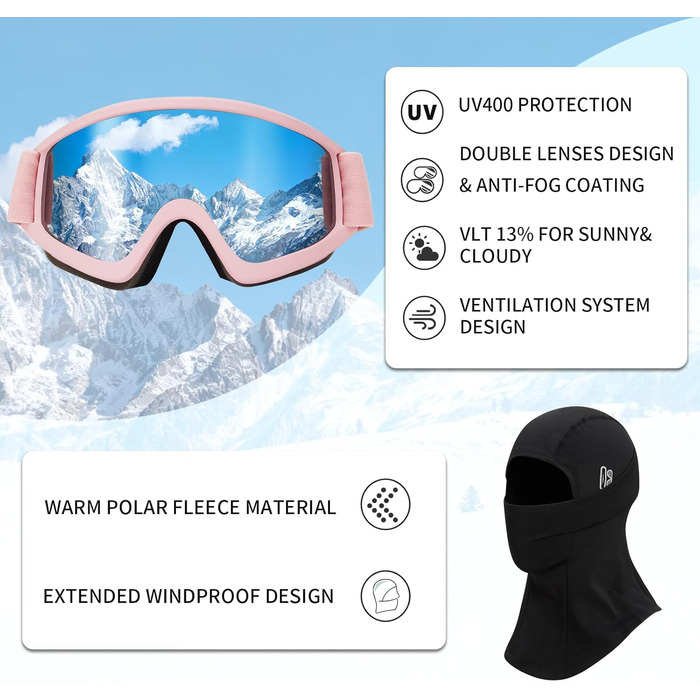 Шлем для лижного спорту Skihem DXH816 з маскою та захистом вух, для жінок та чоловіків, знімні навушники, дихаючий, захист від ударів, UV-захист, регульований, для сноуборду та лиж (Блискучий рожевий + лижні окуляри + маска, M)