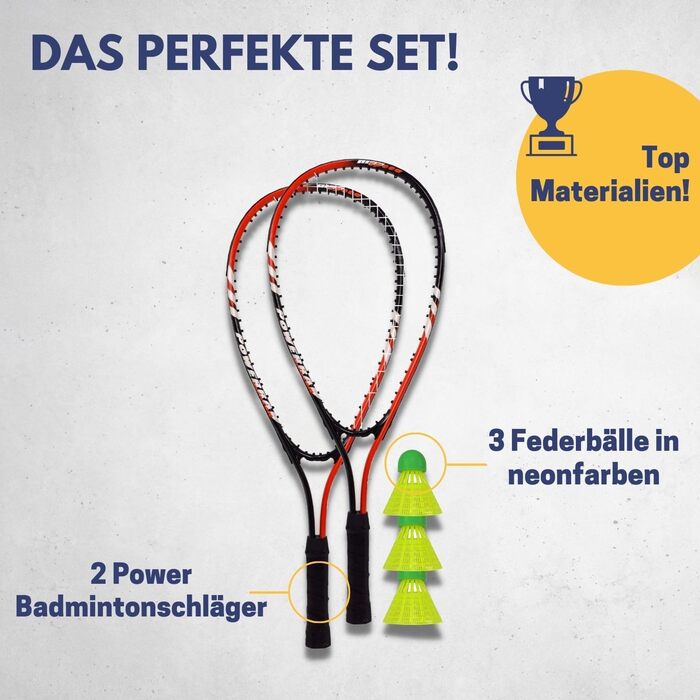 Набір для бадмінтону Best Sporting Power: 2 ракетки (помаранчева/чорна), 3 неоново-жовті волани, сумка, для дорослих і дітей, бадмінтонний аксесуар