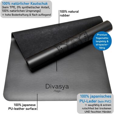 Преміум йога-мат DIVASYA, нековзкий, натуральний каучук, професійне японське покриття, 185x68 см, 4,5 мм, з ременем, екологічний, чорний