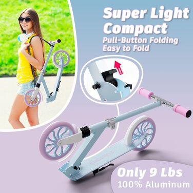 Дитячий трюковий самокат PHOEROS для дітей 6-12 років, підлітків та дорослих. Легкий міський самокат з алюмінію з великими колесами 200 мм, складний, 3-рівнева регулювання висоти, амортизація. (Blue)