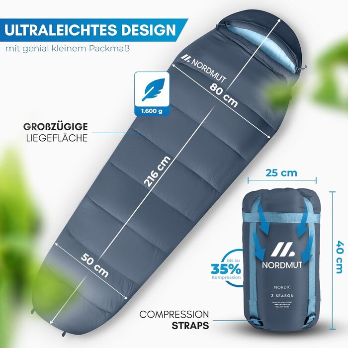 Спальний мішок NORDMUT® для дорослих – компактний та ультралегкий (900/1500г) – на 3 сезони (250 GSM) & літній спальний мішок (100 GSM) – мумієвидний спальник для кемпінгу, відпочинку на природі та фестивалів. Колір: Marine.