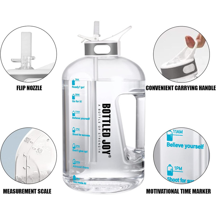 Пляшка для води Acxilexy 3.5 л з трубочкою, BPA-free, спортивна, з часовими мітками, герметична, пластикова, для фітнесу, офісу, дому, біла