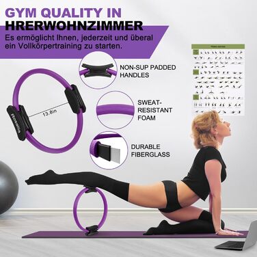 Набір для пілатесу: кільце, фітнес-м'яч, турнік для стегон, еспандер у формі 8, ремінь для йоги та стрейчингу. Фітнес-обладнання для дому. Колір: фіолетовий