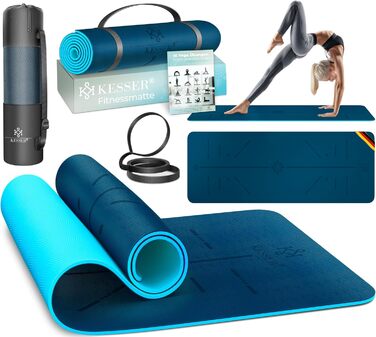 Килимок для гімнастики KESSER® з ручкою для перенесення, антиковзкий, TPE, з підкладкою, фітнес, спортивний, для фітнесу, пілатесу та гімнастики, 183 x 61 см, темно-синій / синій
