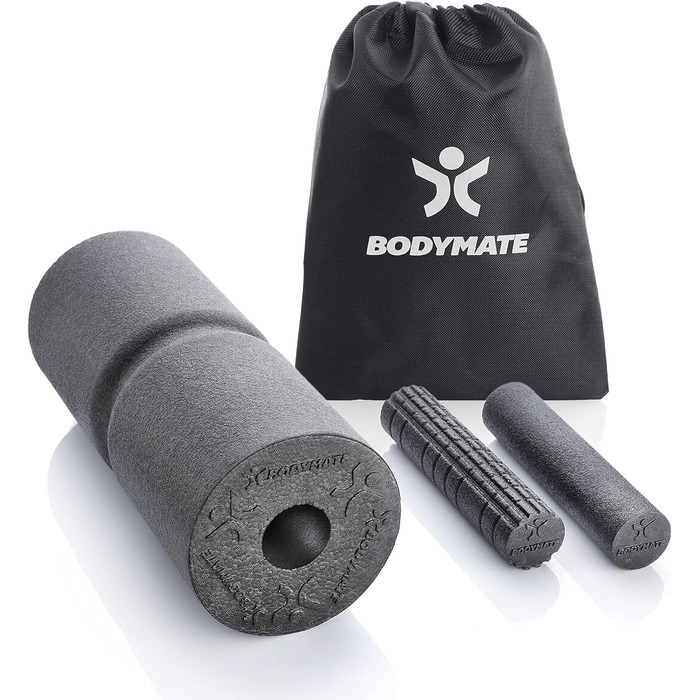 Набір для масажу BODYMATE CARE CORE: ролик для фасцій 35x14 см середньої жорсткості з канавкою, дві малі ролики 20x4,5 см (гладка та з виступами), чорний + електронна книга
