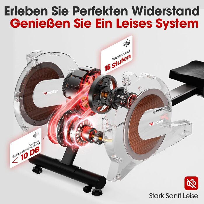 Веномкер тренажер для греблі, магнітний, для дому, 16 рівнів опору, 160 кг, з'єднання з APP, чорний