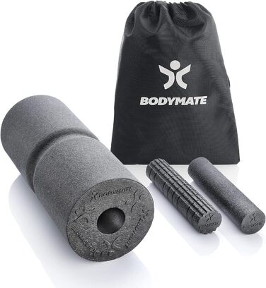 Набір для масажу BODYMATE CARE CORE: ролик для фасцій 35x14 см середньої жорсткості з канавкою, дві малі ролики 20x4,5 см (гладка та з виступами), чорний + електронна книга