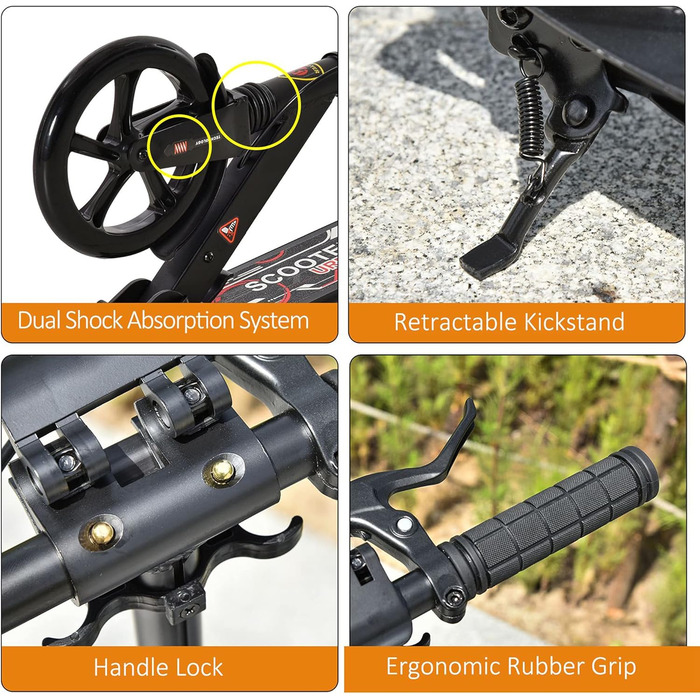 HOMCOM Скутер кикборд складаний, чорний, для підлітків та дорослих, до 100 кг, з двома гальмами та подвійною підвіскою