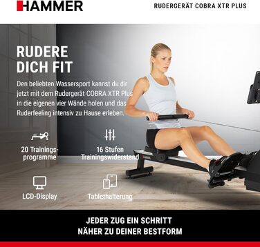 Гребний тренажер HAMMER Cobra XTR Plus II для дому, з інноваційним комп'ютером, тримачем для смартфона/планшета, до 130 кг, 232x55x75 см, чорний