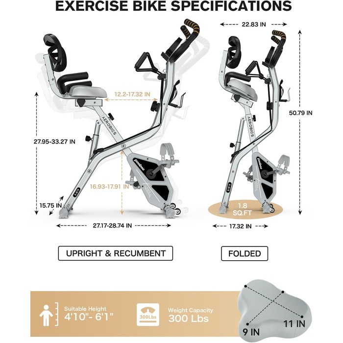 Pooboo Складний велотренажер X-Bike з магнітним опором, датчиком пульсу, тримачем для пляшки, ременями та підтримкою спини для домашнього фітнесу