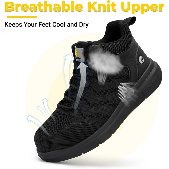 Черевики безпеки FitVille для чоловіків, X-широкі, з металевим носком, легкі, дихаючі, антипрокольні, протиковзкі, чорні, 47 EU