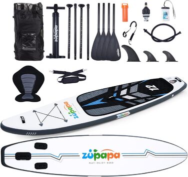 Надувне SUP-борд Zupapa 366см/320см (12ft) з аксесуарами | Stand Up Paddle Board з сидінням для каяка | Чорно-біло-сірий комплект