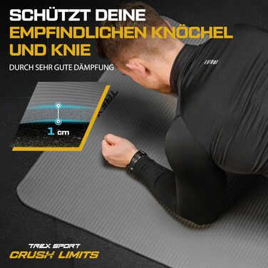 TREX SPORT Килимок для гімнастики та фітнесу | Товстий та м'який, 190x80x1 см, з ручкою для перенесення, неслизький, сірий | Килимок для йоги