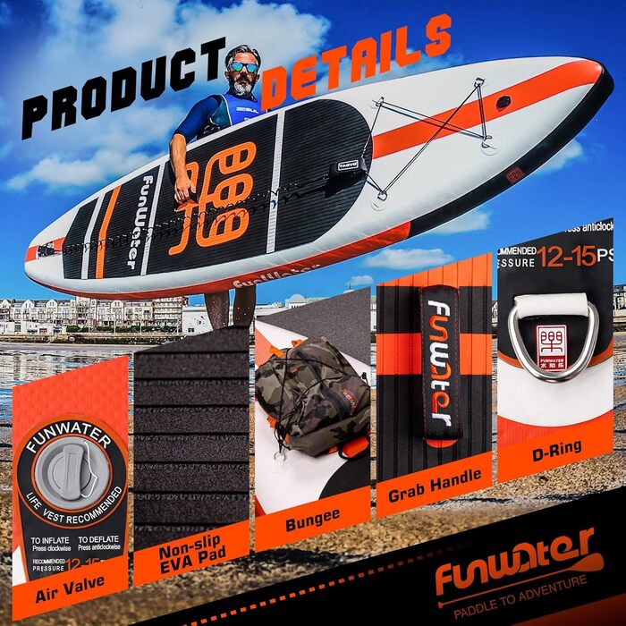 Надувна SUP-дошка FunWater з аксесуарами: ультралегка дошка для веслування стоячи, 3 плавці, регульоване весло, насос, рюкзак, страховий шнур, водонепроникний чохол для телефону