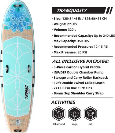 Надувна SUP-дошка для йоги THURSO SURF Tranquility 325×86×15 см, комплект: весло з карбоновим держаком, 3 плавці, швидкознімний ремінець, насос, рюкзак