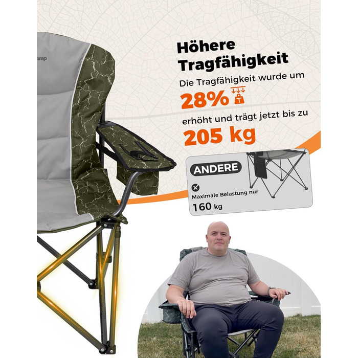 Крісло для кемпінгу KingCamp XXL, розкладне, до 205 кг, чорне. З регульованою спинкою, підсклянником та кишенею для напоїв. Ідеальне для риболовлі та відпочинку на природі.