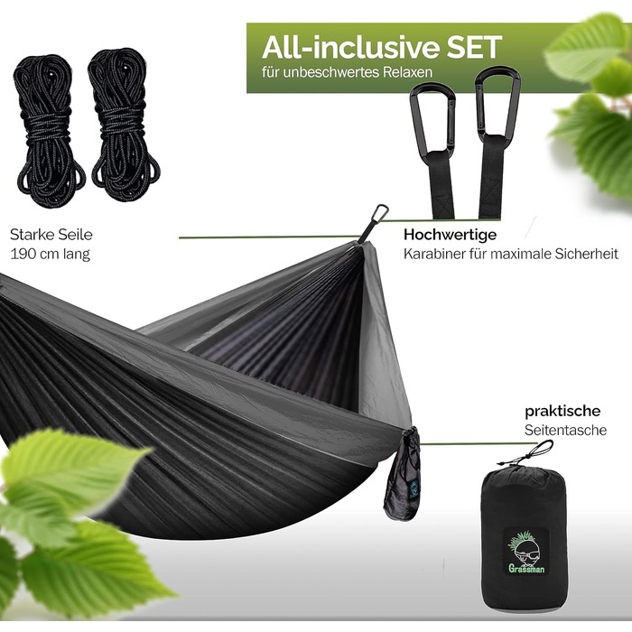 Гамак для кемпінгу на 2 особи, ультралегкий, з преміум-петлями та карабінами, блакитно-жовтий. В комплекті великий набір для підвішування (чорно-сірий, з мотузками)