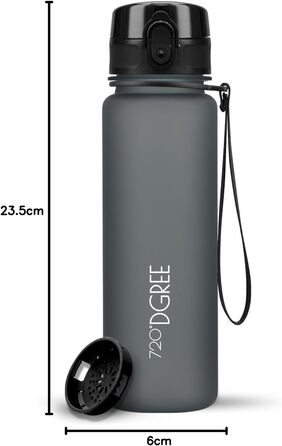 Пляшка для води 720°DGREE 'uberBottle' з ситечком, Tritan, 500 мл, чорна матова - для спорту, школи, фітнесу, велосипеда, дітей