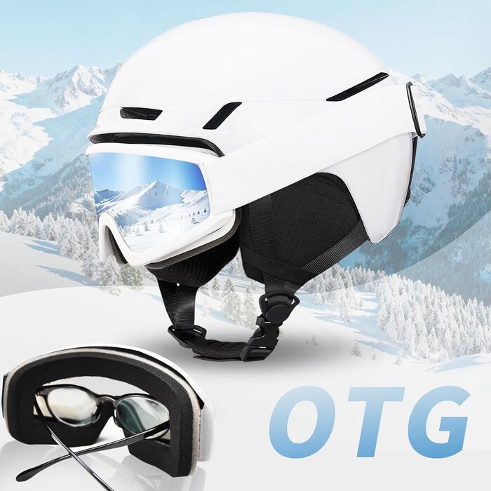 Шкільний шолом з маскою DXH816: захисний шолом для жінок та чоловіків з регульованими навушниками, дихаючий, амортизуючий, з захистом від УФ-випромінювання, для катання на лижах та сноуборді, білий глянцевий + маска