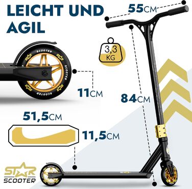 Трюковий самокат STAR SCOOTER Pro Sport для дітей від 7 років та дорослих, алюмінієвий, HIC, колеса 110/120 мм, чорний і золотий
