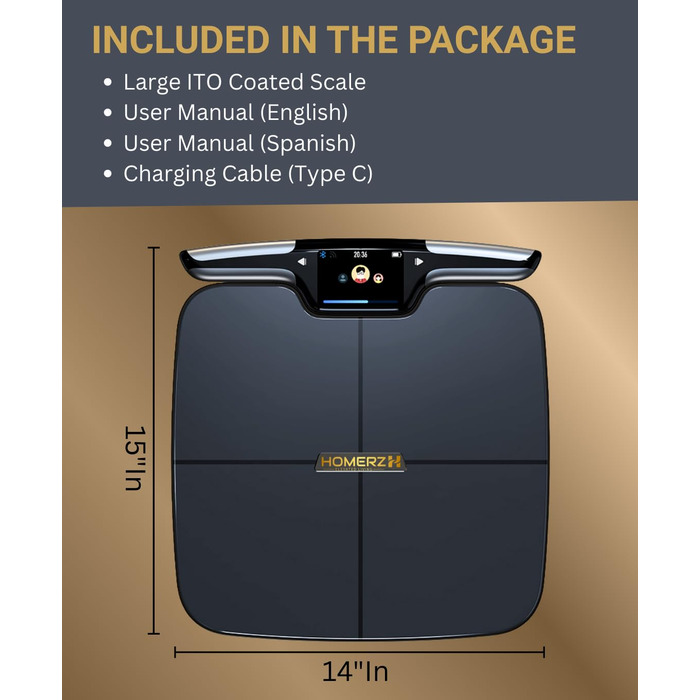 Розумні ваги Homerz Smart Scale Pro: біометричний аналізатор складу тіла з WiFi та Bluetooth, вимірювання ІМТ, жиру та м'язів, чорний, Large