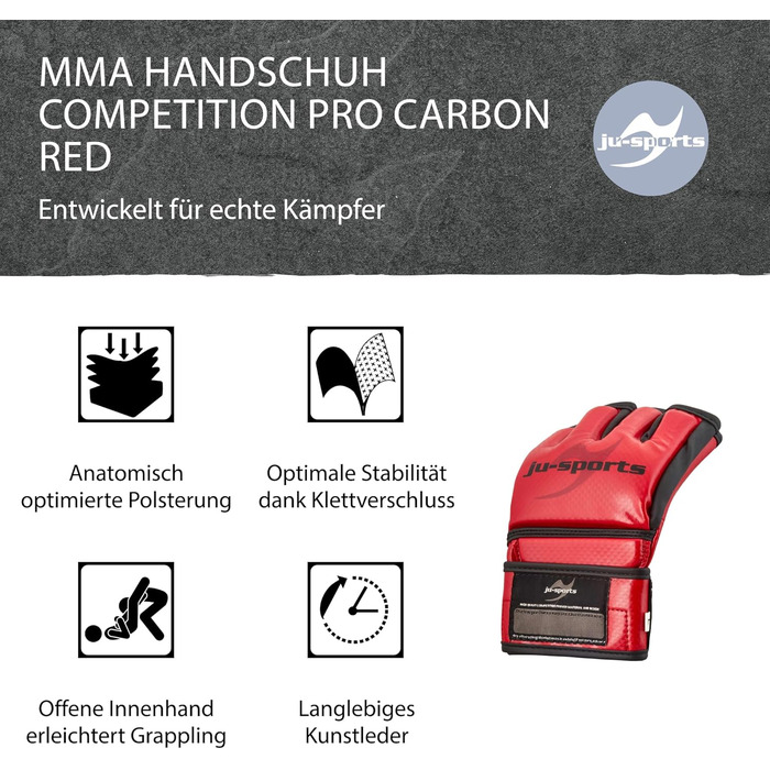 Професійні MMA рукавички Ju-Sports Competition Pro Carbon, червоні, PU, з анатомічною амортизацією для змагань
