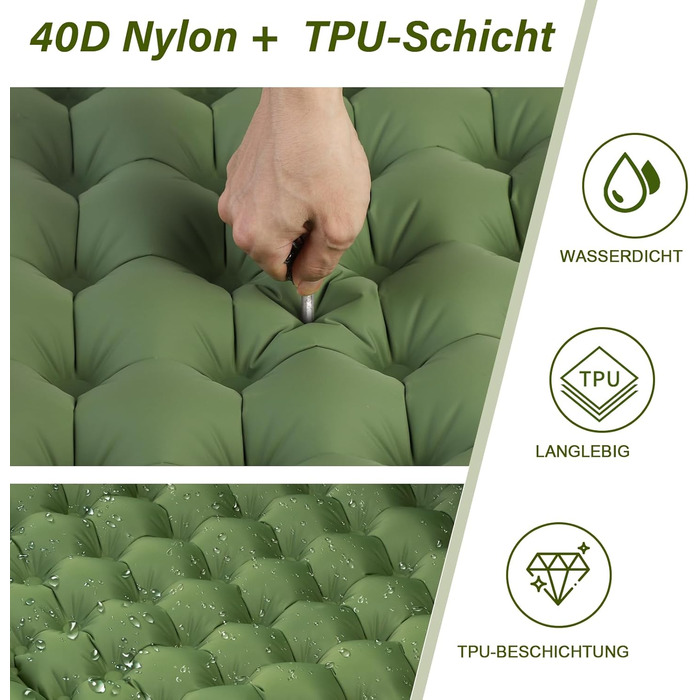 Надувний килимок для кемпінгу Isomatte, 10 см, самонадувний, з насосом, для туризму та відпочинку на природі (зелений, одинарний)