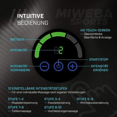 Масажний пістолет Miweba Sports MM200 з LCD-дисплеєм, 6 насадок, 10 режимів, для м'язів, чорний/сірий