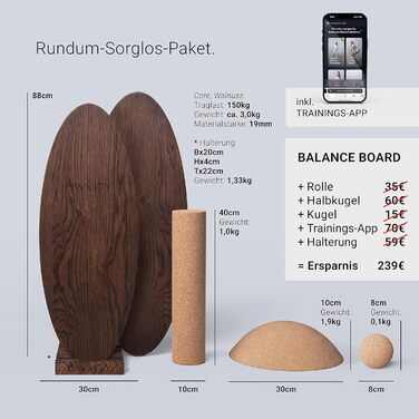 Балансборд з дуба FAVVITY®: тренажер для рівноваги з додатком | Ручна робота, FSC-сертифікат, для дорослих та дітей