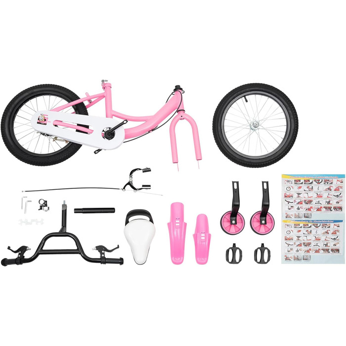 Дитяче велосипед 16 дюймів з додатковими колесами та подвійними гальмами, рожевий, регульована висота, для дівчаток та хлопчиків 5-9 років
