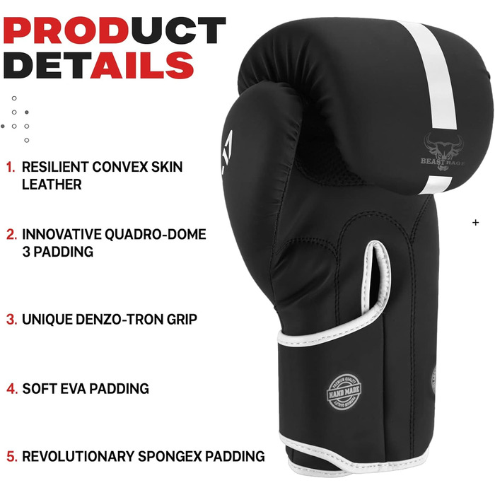 Боксерські рукавички BEAST RAGE для боксу, кікбоксингу та муай-тай (14 OZ, білі). Рукавички для тренувань, чоловічі та жіночі, 8/10/12/14/16 унцій