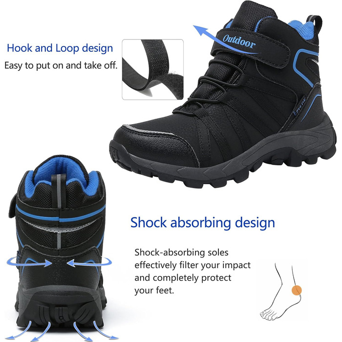 Дитячі зимові черевики: зимові черевики, черевики для хайкінгу, снігоступи для хлопчиків та дівчаток, з теплим підкладкою, водонепроникні, бавовняні черевики, черевики для трекінгу, снігоступи з застібкою-липучкою, розмір 37 EU, чорний, синій