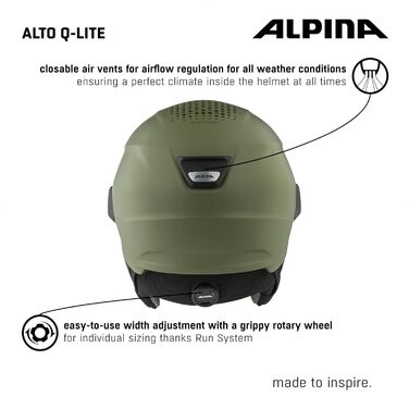 Гірськолижний шолом ALPINA ALTO Q-LITE, захисний, з ударопоглинанням, регульований, з контрастним візором, для дорослих, оливковий матовий, 55-59 см